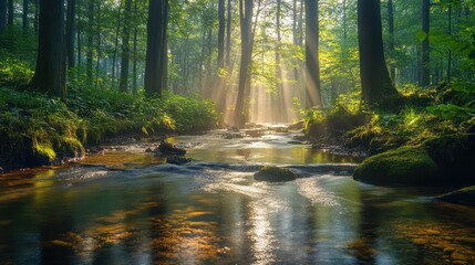 Fototapeta premium Idyllic river stream flowing through a vibrant forest with sunlight beams