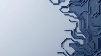 Abstract blue circuit lines form a geometric pattern on a light background, representing technology and digital connections.