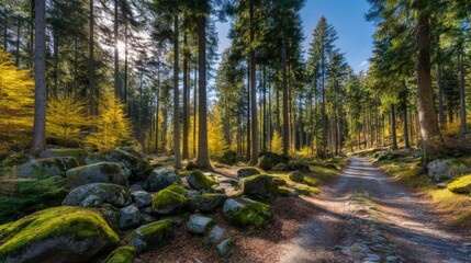 Serene Forest Path Surrounded by Lush Greenery and Golden Autumn Leaves Leading into Majestic Tall Trees