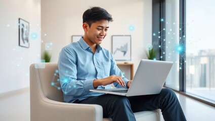 Fototapeta premium Empowering Innovation: A Young Professional Harnessing the Power of Technology to Connect, Collaborate, and Drive Success in a Modern and Dynamic World