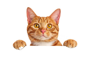 A ginger tabby cat peering over an edge with paws visible against a isolated on transparent background, Generative ai.