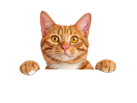 A ginger tabby cat peering over an edge with paws visible against a  isolated on transparent background, Generative ai.