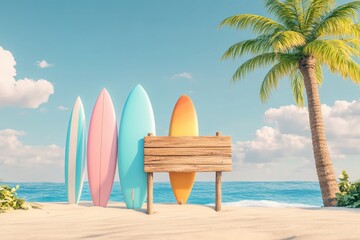 Colorful surfboards stand on a sunny beach next to a wooden sign, palm tree, and ocean