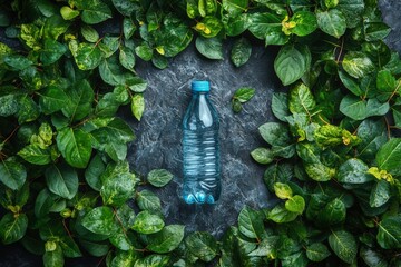 Water Bottle Surrounded by Fresh Green Leaves on Dark Stone Background Perfect for Eco-Friendly and Nature-Themed Projects and Designs