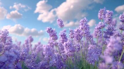 Obraz premium Lush Blooming Lavender Fields Beneath a Bright Sky with Fluffy Clouds on a Peaceful Day in Nature