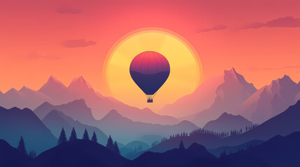 Fototapeta premium Hot air balloon ride over the mountains at sunset. [Gravity Shrines] | Corelift Ridge | ascending spine. Illustration