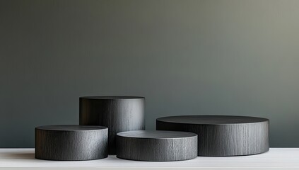 Four dark cylindrical wooden display stands on a white surface against a muted green background