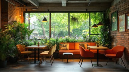 Fototapeta premium Inviting cafe space harmonizing brick textures with lush greenery indoors