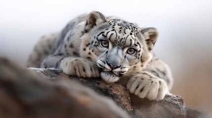 Obraz premium Mesmerizing gaze of a snow leopard resting majestically on rocky terrain
