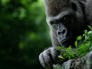 Obraz premium Close-up of a large, serious gorilla in a lush forest