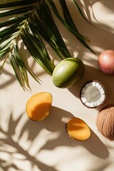 Tropical fruit arrangement with palm leaf shadows