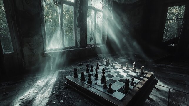 Creepy, abandoned room with a chess game under dramatic, ethereal sunlight beams