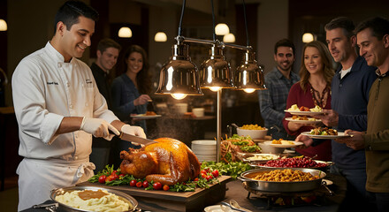 Thanksgiving buffet feast with smiling people