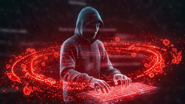 Mysterious figure in a hoodie typing on a glowing keyboard, surrounded by digital data and code