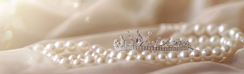 Delicate tiara rests on lustrous pearl necklace