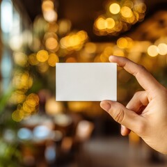 Hand Holding Blank Card with Warm Bokeh Lights &ndash; Elegant Mockup Scene