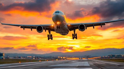 Fototapeta premium Airplane Taking Off Against Vibrant Sunset Sky with Clouds and Scenic Horizon in Background