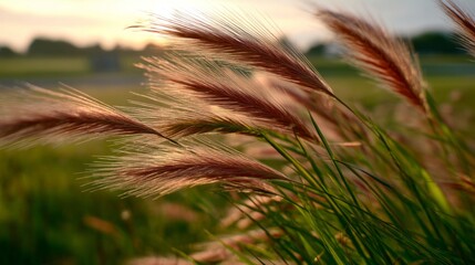 Gentle Breeze Through Tall Grass at Sunset, Nature's Beauty Captured in Soft Light with Warm Tones and Dreamy Atmosphere