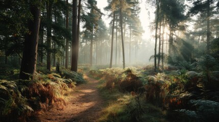 Obraz premium Serene Forest Pathway with Sunlight Filtering Through Trees and Lush Green Ferns in Tranquil Nature Setting
