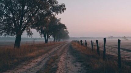 Fototapeta premium Serene Dirt Road Flanked by Trees Under Morning Mist with Fencing in a Calm Rural Landscape at Dawn