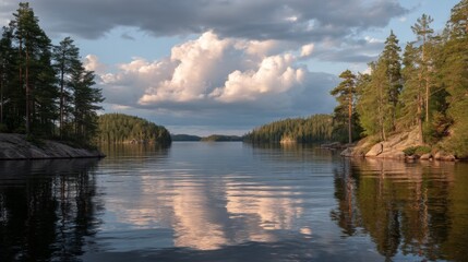 Naklejka premium Tranquil Reflection of Clouds and Pines in Serene Lake Beneath a Blue Sky at Dusk