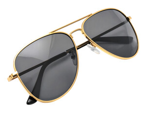 Stylish Gold and Black Sunglasses with Dark Lenses on White Background