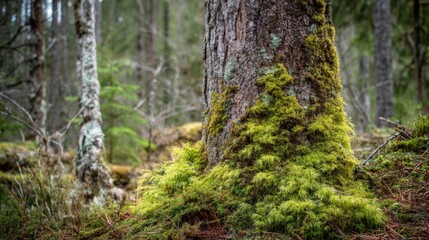 Obraz premium Close-up of Moss Covered Tree Trunk in Lush Green Forest Environment with Soft Natural Light and Blurred Background