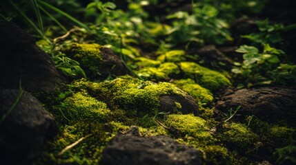 Lush Green Moss Covering Stones in a Tranquil Forest Environment with Soft Light and Natural Texture