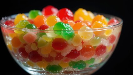 Colorful Assortment of Jelly Candies in a Clear Bowl Against a Black Background