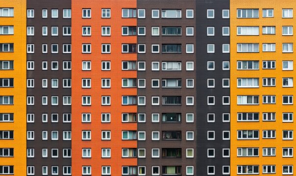 Modern apartment building facade with vibrant color blocks featuring orange, brown, and yellow contrasting beautifully in a contemporary architectural design.