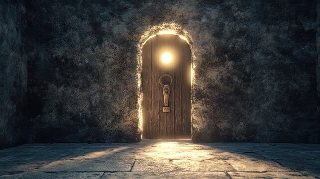 Illuminated Wooden Doorway in Stone Dungeon