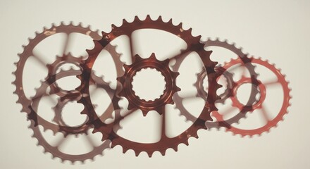 Interlocking metal gears in layered arrangement, creating a visually intriguing image showcasing mechanical components and motion concepts.