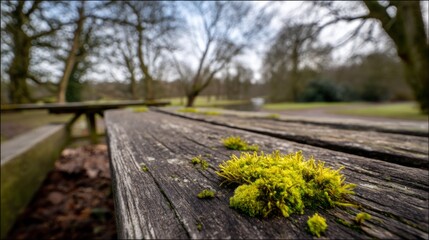 Obraz premium Mossy texture on weathered wooden picnic table surrounded by lush greenery in a serene outdoor park setting