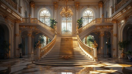 Naklejka premium Grand Palace Staircase, Sunlight Streaming, Ornate Interior, Luxury Design, Event Background