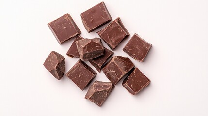 Fototapeta premium Dark chocolate pieces arranged on a white background.