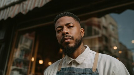 Confident Man in Barber Uniform Posing Outside Barber Shop with Casual Expression and Stylish Appearance in Urban Setting