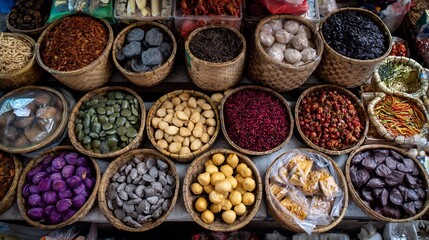 Top view of Asian open air food market stall assorted preserved produce woven container neatly arranged showing regional spices dried vegetables fermented foods cut out isolated transparent background