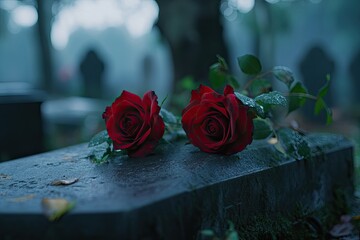 Dew-kissed red roses rest on a somber grey headstone in a misty graveyard