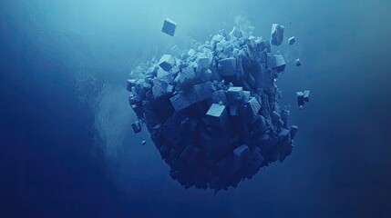 Abstract Cube Formation in Blue Hues with Textured Surfaces in Empty Space