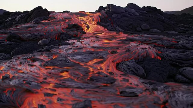 Molten Lava Flowing Through Volcanic Rocks at Sunset Erupting with Intense Heat