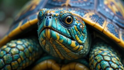 Naklejka premium Close-Up Portrait of a Colorful Turtle with Intricate Shell Patterns in a Natural Setting