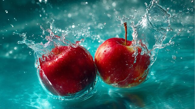 Two bright red apples falling into teal water dramatic splash vivid contrast between fruit's red water's cool hue capturing the moment of impact in motion cut out on isolated transparent background