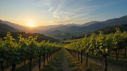 Naklejka premium Lush Vineyard Under a Scenic Sunset with Rolling Mountains and Verdant Fields in a Peaceful Valley