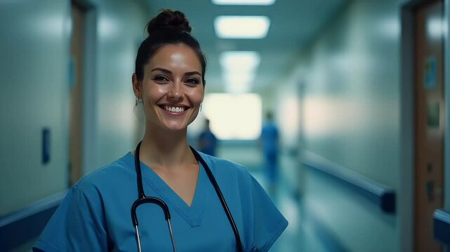 Smiling nurse in hospital hallway  
