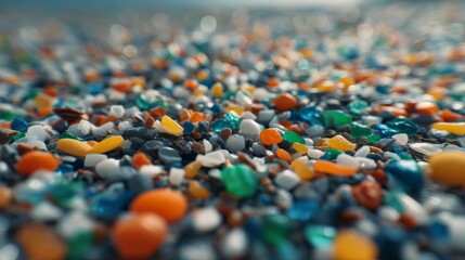 Fototapeta premium Colorful Beach Pebbles and Sea Glass in Vibrant Patterns on Sandy Shoreline Under Soft Morning Light