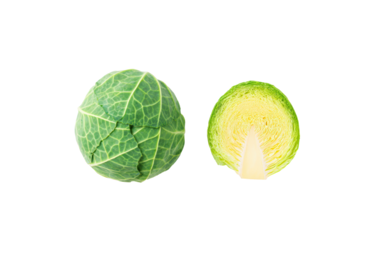 Cabbage wedges neatly arranged along lower border of overhead flatlay scene, leaving ample copy space above, crisp moisture beading on leaf surface, isolated on transparent background