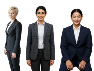 Three diverse adult businesswomen in professional suits standing and seated against a black studio background
