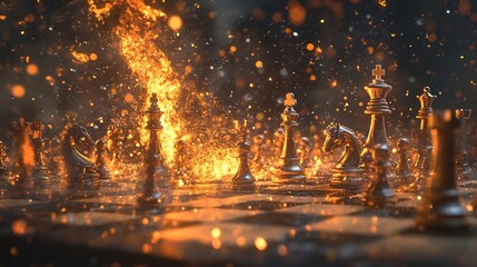 Fiery chess game. Golden pieces on fire, strategy battle, sparks everywhere