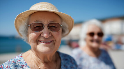 Smiling and happy Senior Caucasian woman on vacation in sunny location with her friends, group travel concept, copy space
