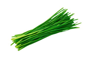 Chives long stems gathered into neat bundle tied with twine at centre overhead flatlay, slender leaves and pointed tips highlighted, isolated on transparent background